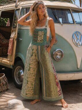 NWT Cotton Traveler Lounge Patchwork Overalls-Medium